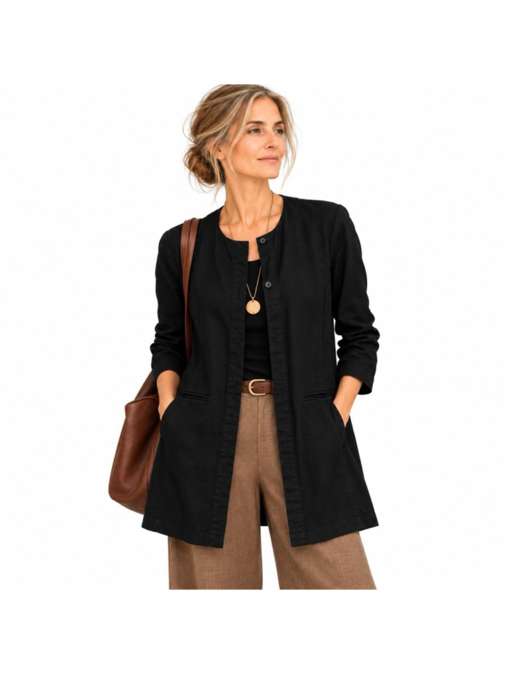 Eileen Fisher Black 100% Irish Linen Lagenlook Jacket Covered Buttons M